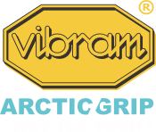 Yellow Vibram logo inside a hexagon, above the text ARCTIC GRIP in blue and Winter Traction in gray.
