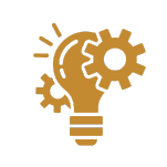 Illustration of a yellow light bulb with two gears surrounding it. The bulb is depicted as partially open with two additional lines indicating brightness. The gears symbolize the combination of ideas and mechanics. The background is white.