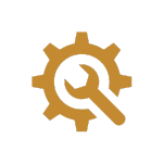 A brown gear symbol with a wrench crossing through it diagonally on a black background, representing a concept of tools or settings.