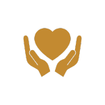 An icon depicting two hands reaching up with palms open, cradling a heart shape in between. Both the hands and the heart are in a solid brown color, set against a black background.