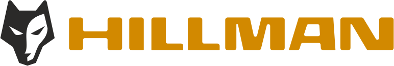 Logo featuring a stylized wolf head in black on the left, with the word HILLMAN in bold, mustard-yellow letters to the right. The wolfs head is angular and appears to be in profile, facing forward.