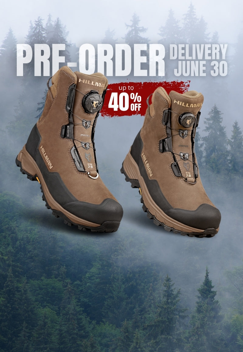 Brown hiking boots with black soles are displayed against a misty forest background. Bold text at the top reads PRE-ORDER DELIVERY JUNE 30 with a red label saying up to 40% OFF. The brand name Hillman appears on the boots.