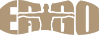 A beige silhouette of a person with outstretched arms is overlaid on the letters ERGO, which are stylized to follow the contour of the silhouette, creating a seamless design.