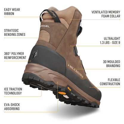 A brown HILLMAN Insulated Hunting boots Aerogel™3-Season is shown at an angle, ideal for outdoor adventures, featuring memory foam collar, shock absorption, ice traction, flexible construction, and lightweight 1.3 lbs design in size 9.