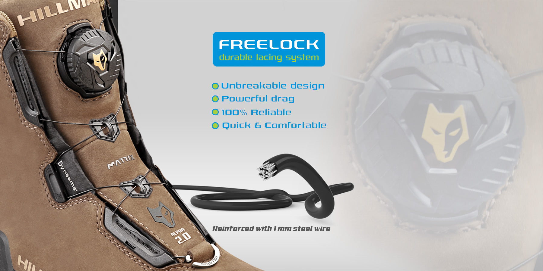 Close-up of a brown boot featuring the FREELock durable lacing system. Text highlights features: unbreakable design, powerful drag, 100% reliable, quick and comfortable. Includes image of reinforced steel wire and close-up of lacing mechanism.