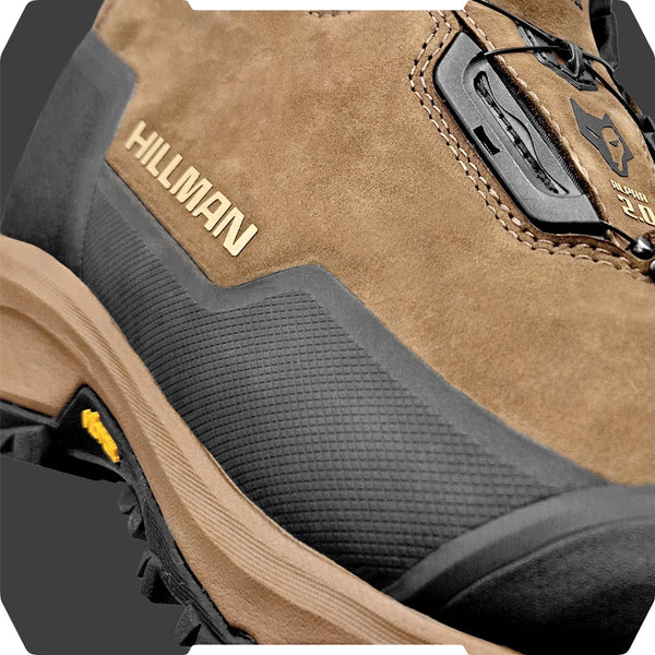 Close-up of HILLMAN Insulated Hunting boots Aerogel™3-Season in brown and black, featuring detailed stitching, a textured rubber sole, and logo patch—ideal for outdoor adventures.